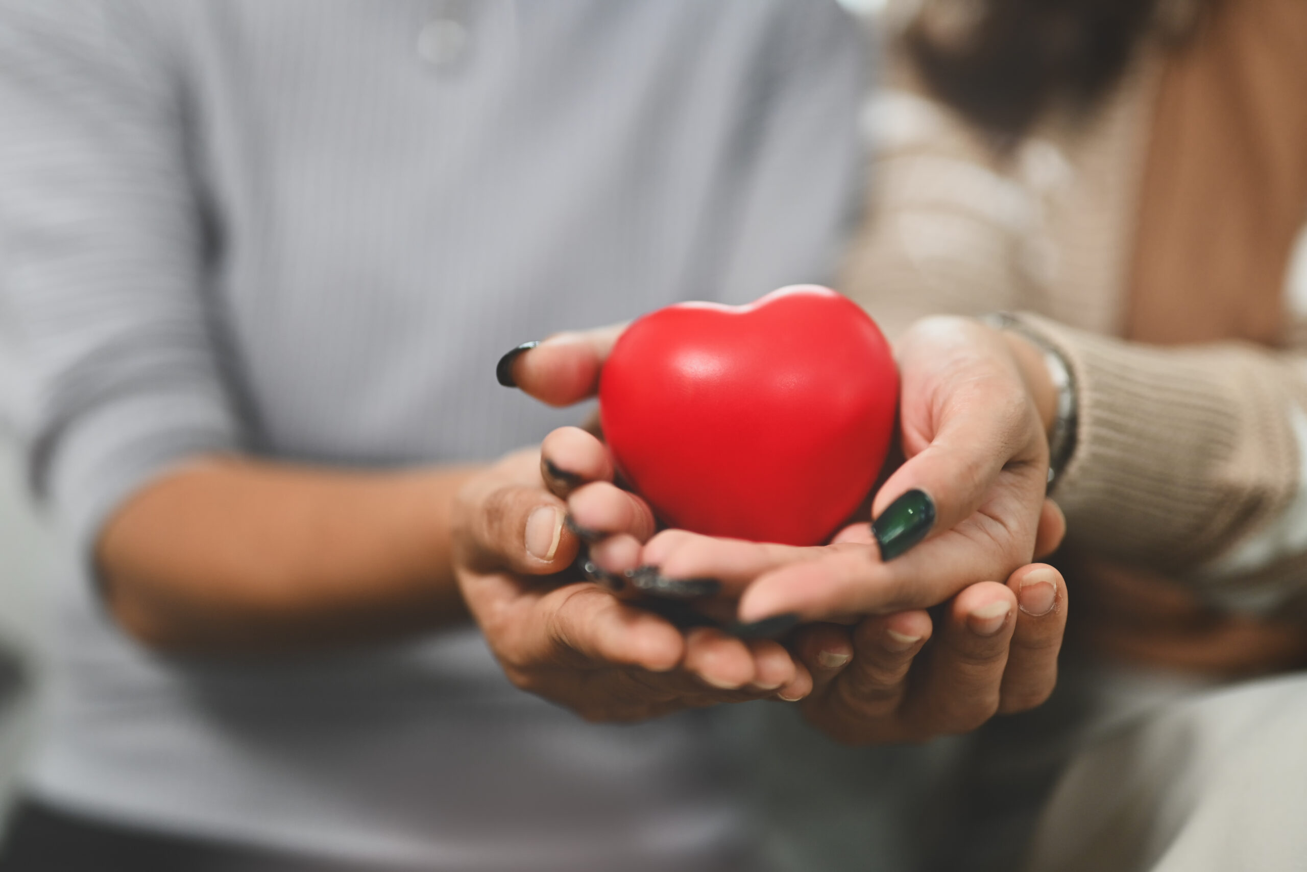 Senior woman and young woman hands holding red heart. Health care, insurance and world heart day concept Senior woman and young woman hands holding red heart. Health care, insurance and world heart day concept.